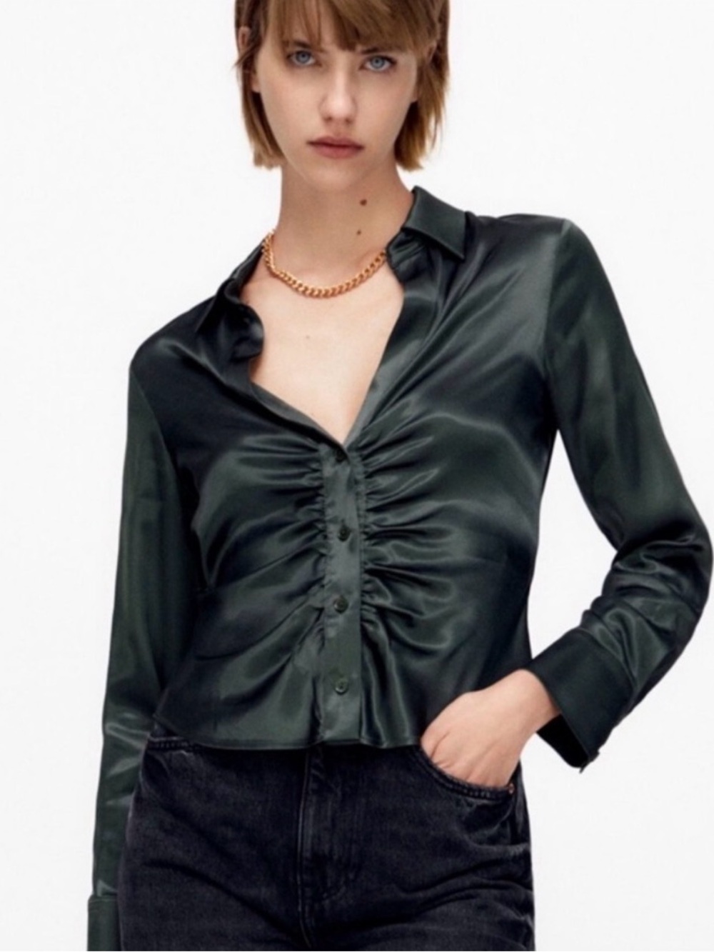 Zara Forest Green Satin Ruched Button-Down Shirt